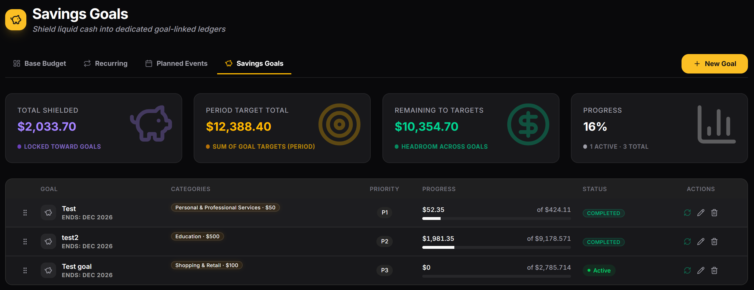 Talio savings goals tracking interface