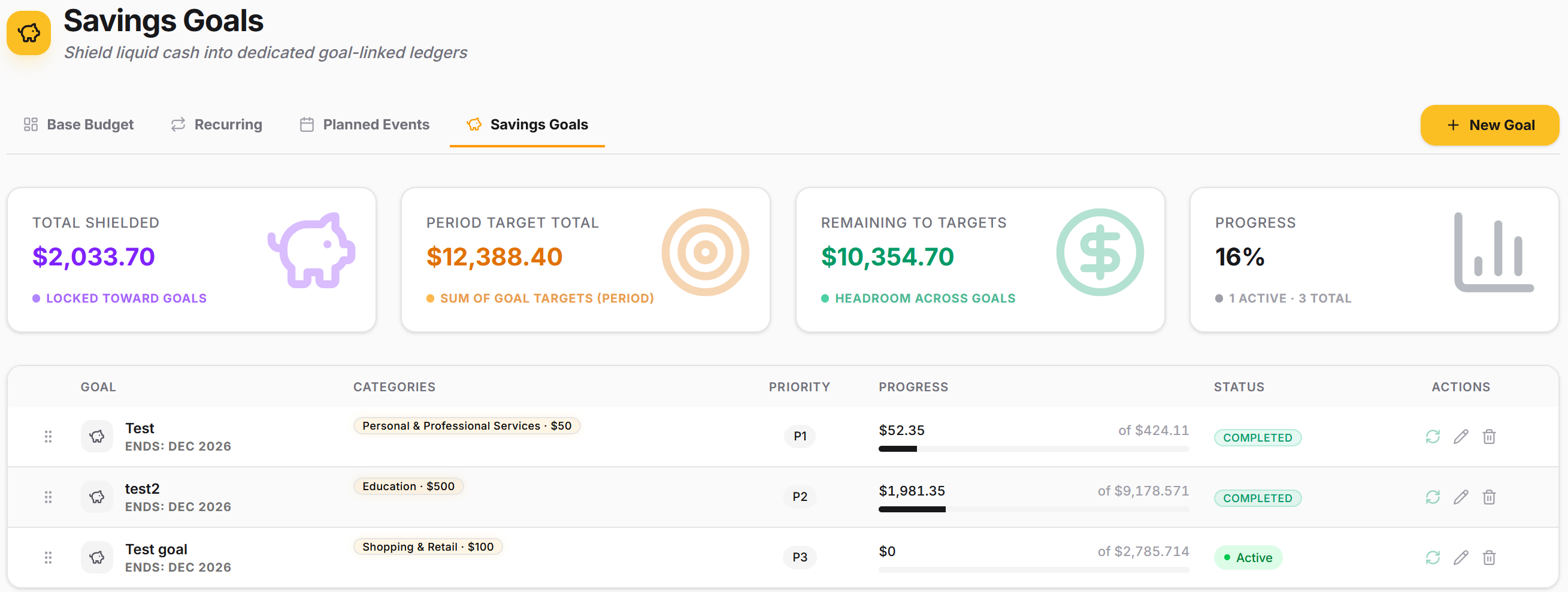 Talio savings goals tracking interface